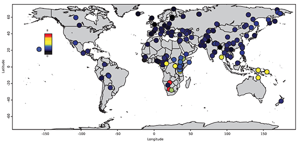 Un mapa de calor que muestra ubicaciones de variantes de ADN previamente desconocidos. El color rojo indica más descubrimientos; negro, menos. Image: Swapan Mallick